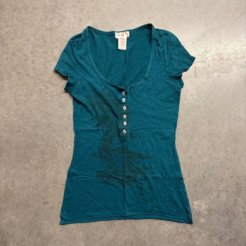 OP Ocean Pacific Womens Henley Top Antique Teal Graphic Short Sleeve Large 3067